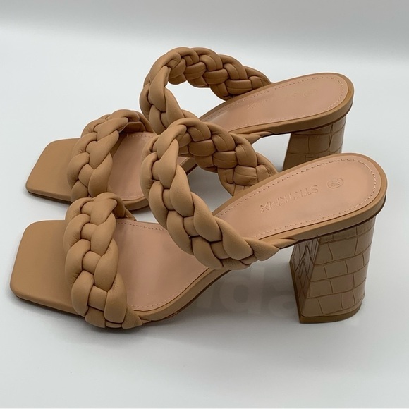 None Shoes - BRAIDED Slip on Sandal Size 7.5 Tan Vegan Leather Block Heel‎ Open Toe Neutral
